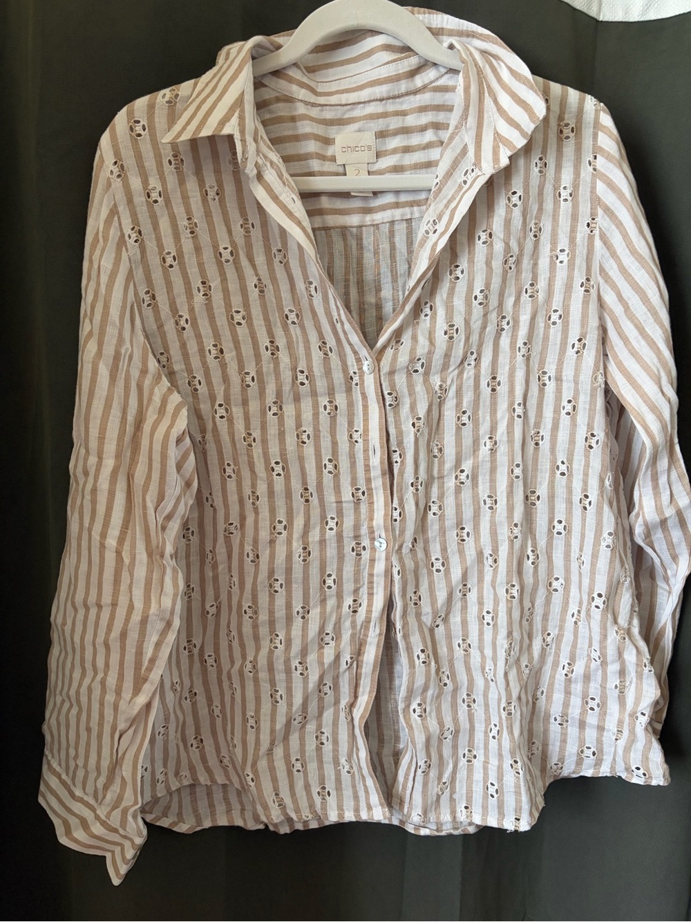 Chico's Striped Eyelet Cottagecore Beach Style Neutral Beige White Button-Up
